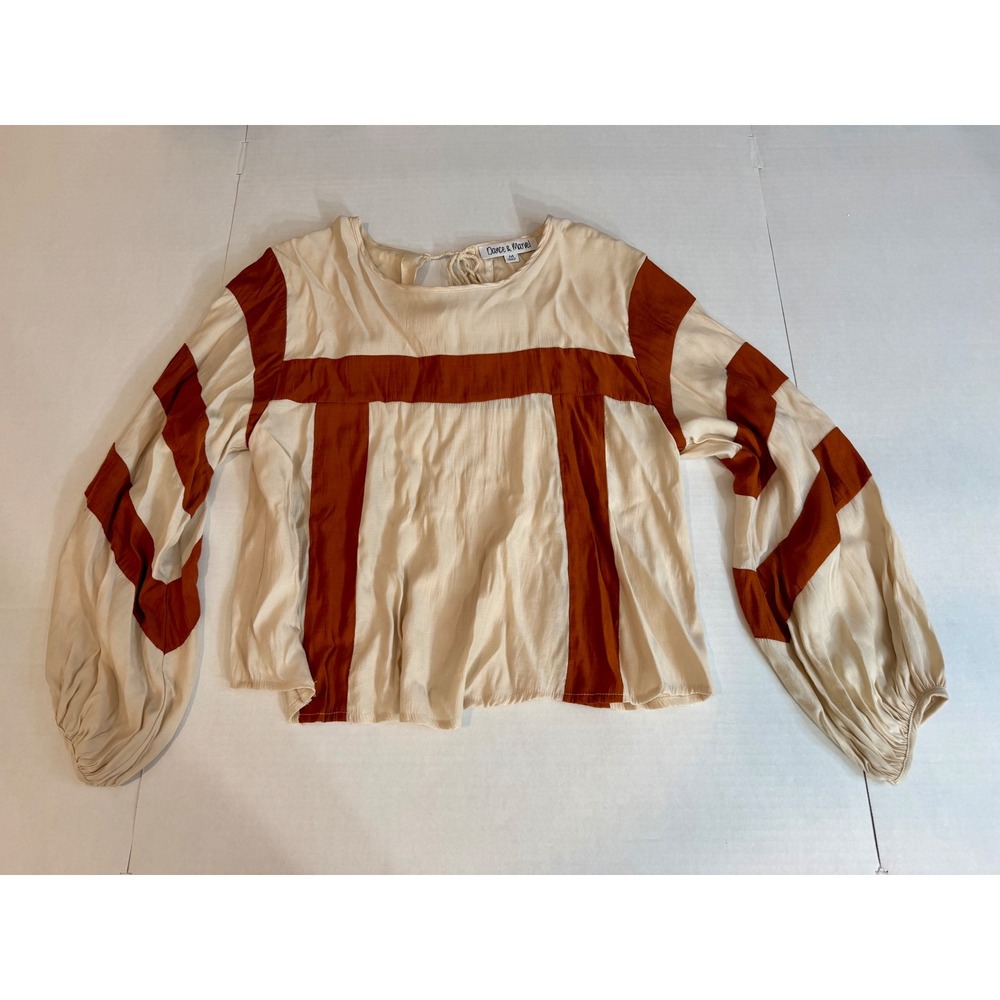 Boho Colorblock Peasant Blouse Cream Rust Balloon Sleeve Top Medium